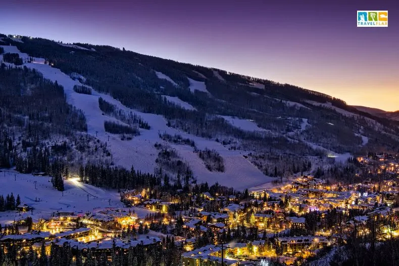 View of ski slopes and Vail village in Vail